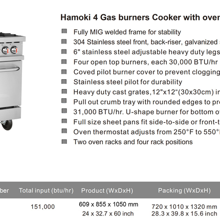 101075 - Hamoki Gas Range 4 Burner with Oven HKR-4S