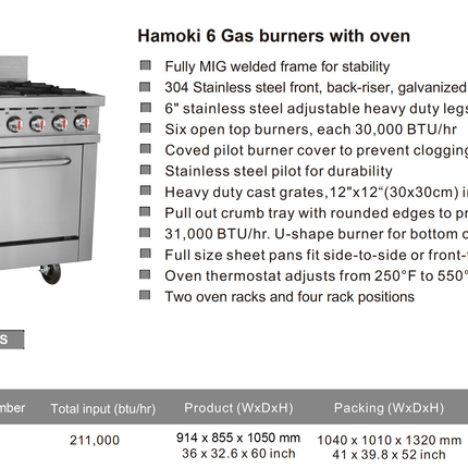101076 - Hamoki Gas Range 6 Burner with Oven HKR-6S