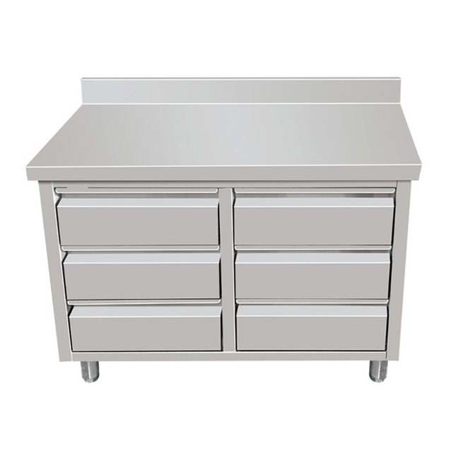 1410550 - Stainless Steel Work Table Cabinet with 2 x 3 Drawers + Upstand 1000 mm Wide