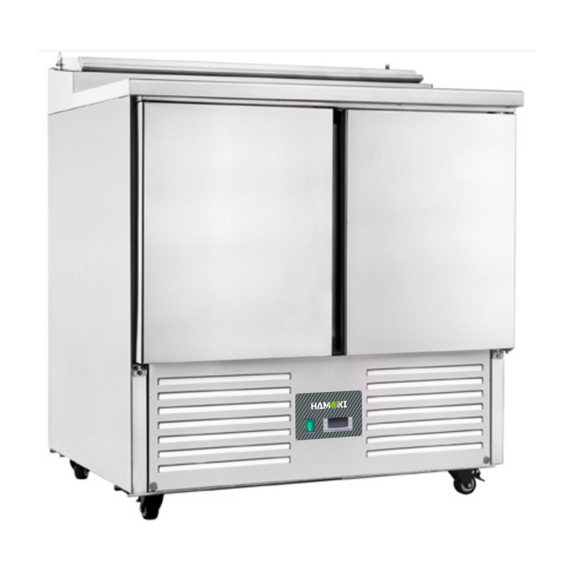 221036 - 2 Door Refrigerated Salad Prep Counter with Stainless Steel Lid and Worktop - 215L (PS200)