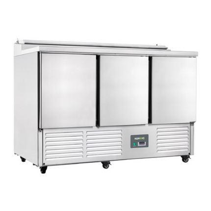 221038 - 3 Door Refrigerated Salad Prep Counter with Stainless Steel Lid and Worktop - 346L (PS300)