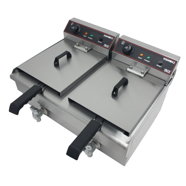291019 - Countertop Commercial Electric Fryer - 2x9.5 Litre (Oil) Twin Tank with Drain Taps | EF-132V-P