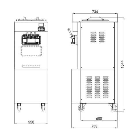 Technical drawing giving size dimensions for a commercial ice cream machine.