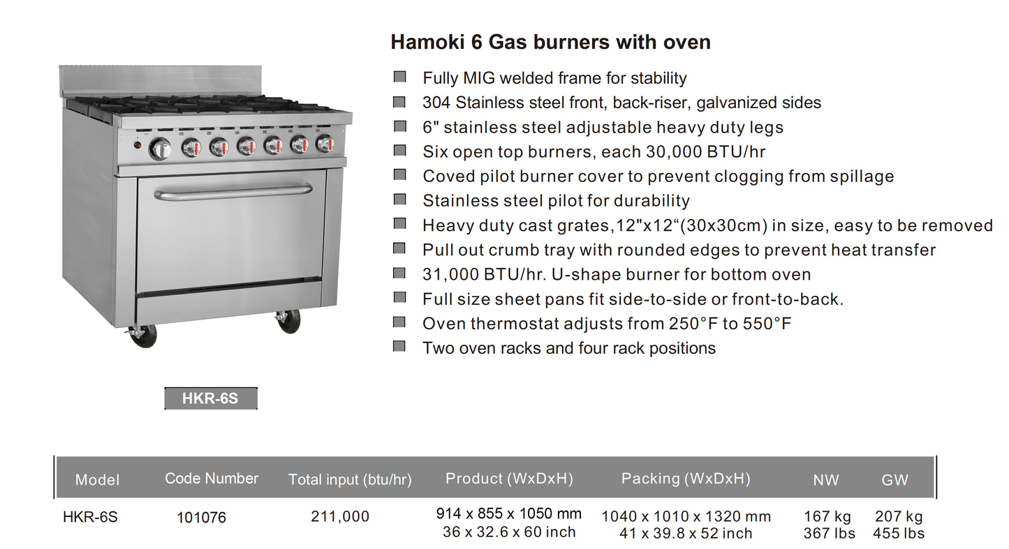 101076 - Hamoki Gas Range 6 Burner with Oven HKR-6S