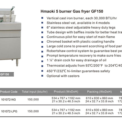 101072 - GF150 5 Burner Gas Fryer Single Tank with Twin Baskets